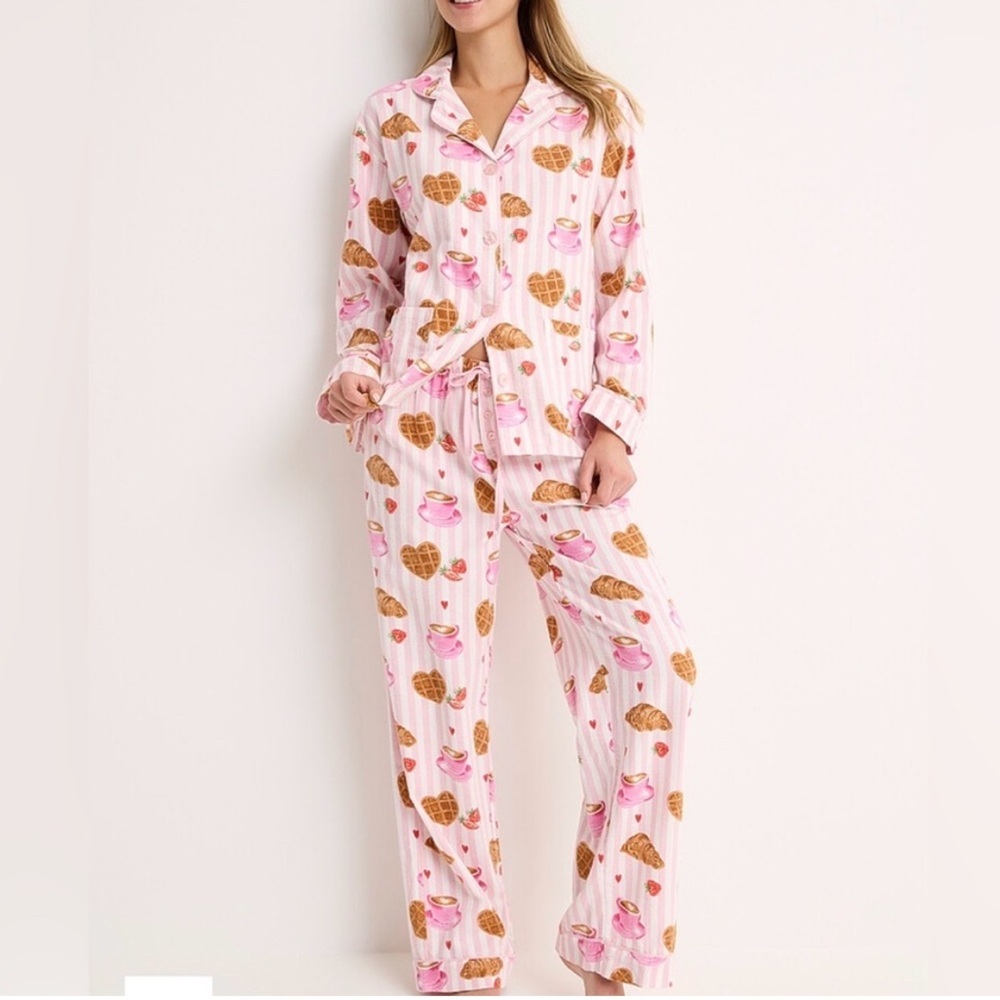 PJ Salvage Brunch Club flannel pajama set button up top pull on pants large